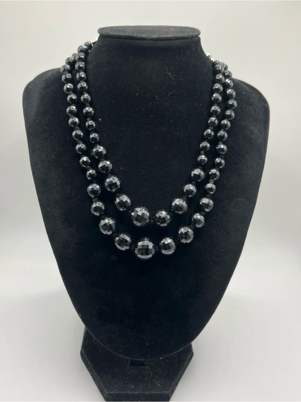 Vintage Western Germany Necklace 2 Strand Black Faceted Signed